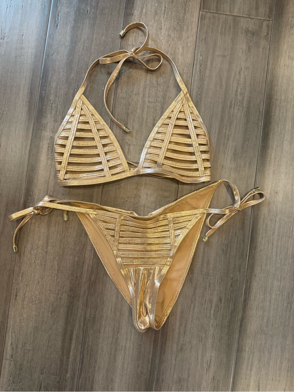 Beach Bunny “Hard Summer” Gold Triangle Bikini Top & Side Tie Bottom.